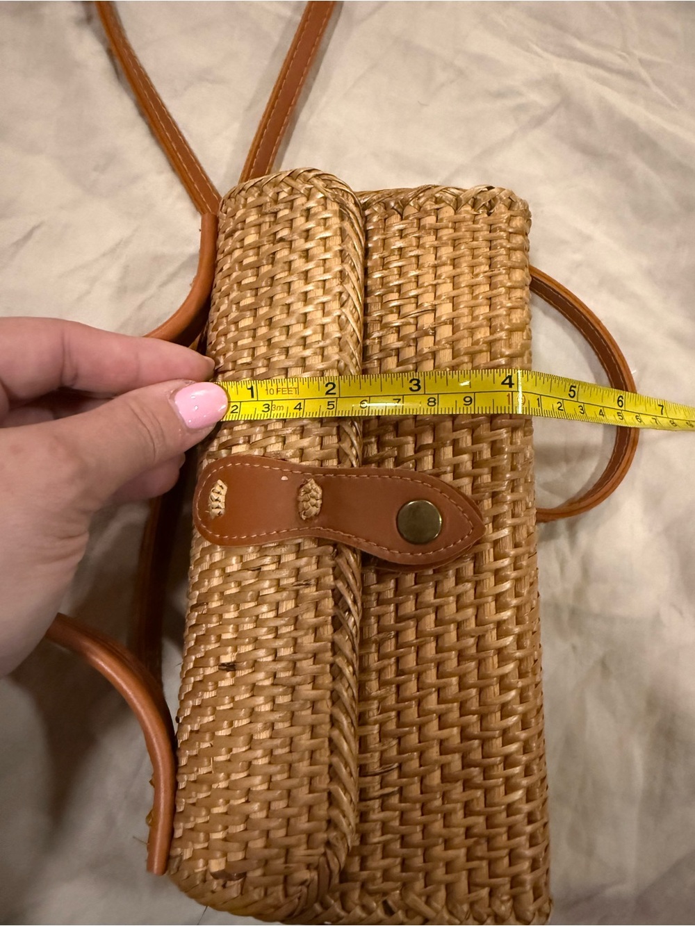 Woven Ratan Crossbody Bag with Tan Leather Trim and top handle - Picture 5 of 5